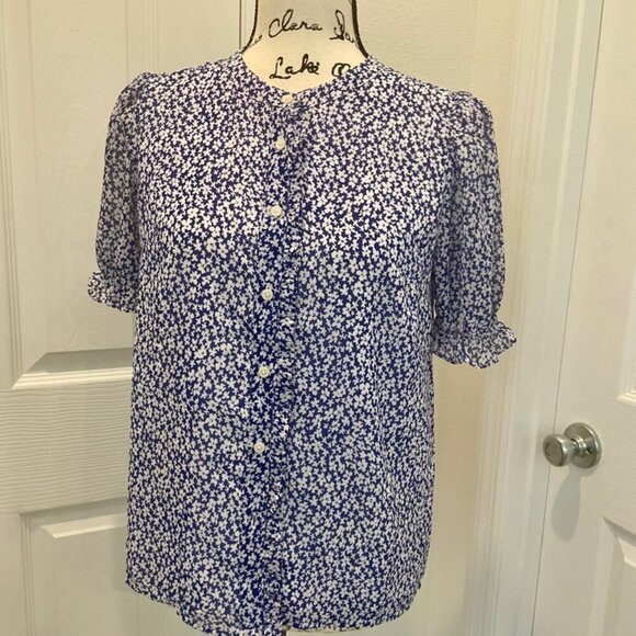 J.CREW BLOUSE SHORT SLEEVE SZ XS BLUE FLORAL COTTAGECORE PREPPY CHIC  RUFFLE - Picture 13 of 16